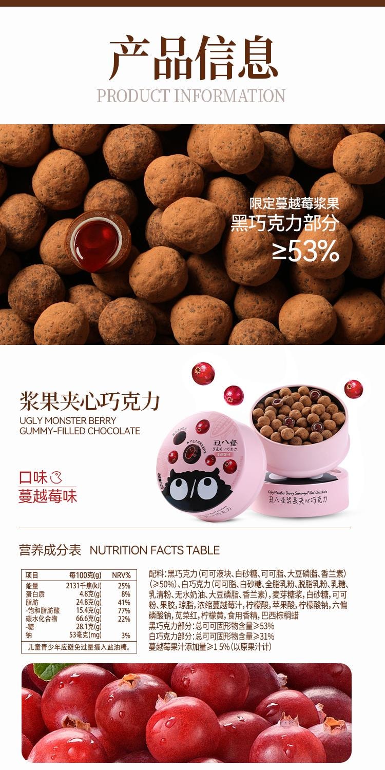 【中國直郵】 金絲猴 醜八怪莓果夾心巧克力 草莓口味 辦公室小點心152g *1盒