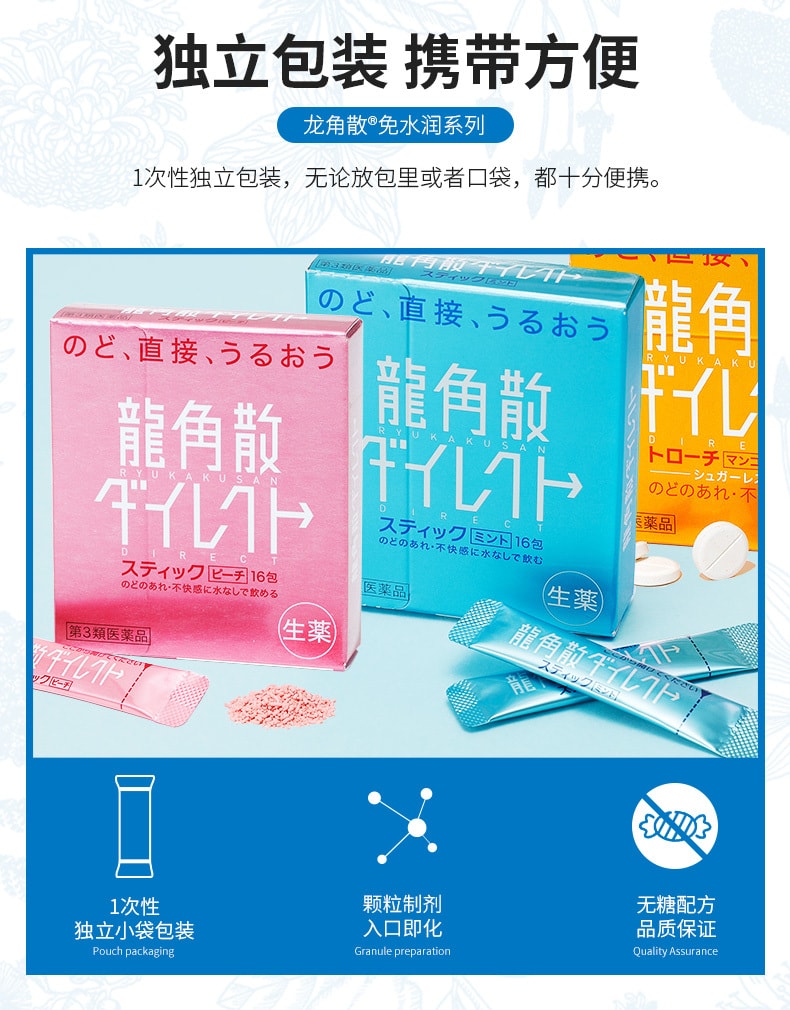 【日本直邮】日本RYUKAKUSAN 龙角散 缓解喉咙痛 化痰 止咳 粉末制剂 蓝色薄荷味16包