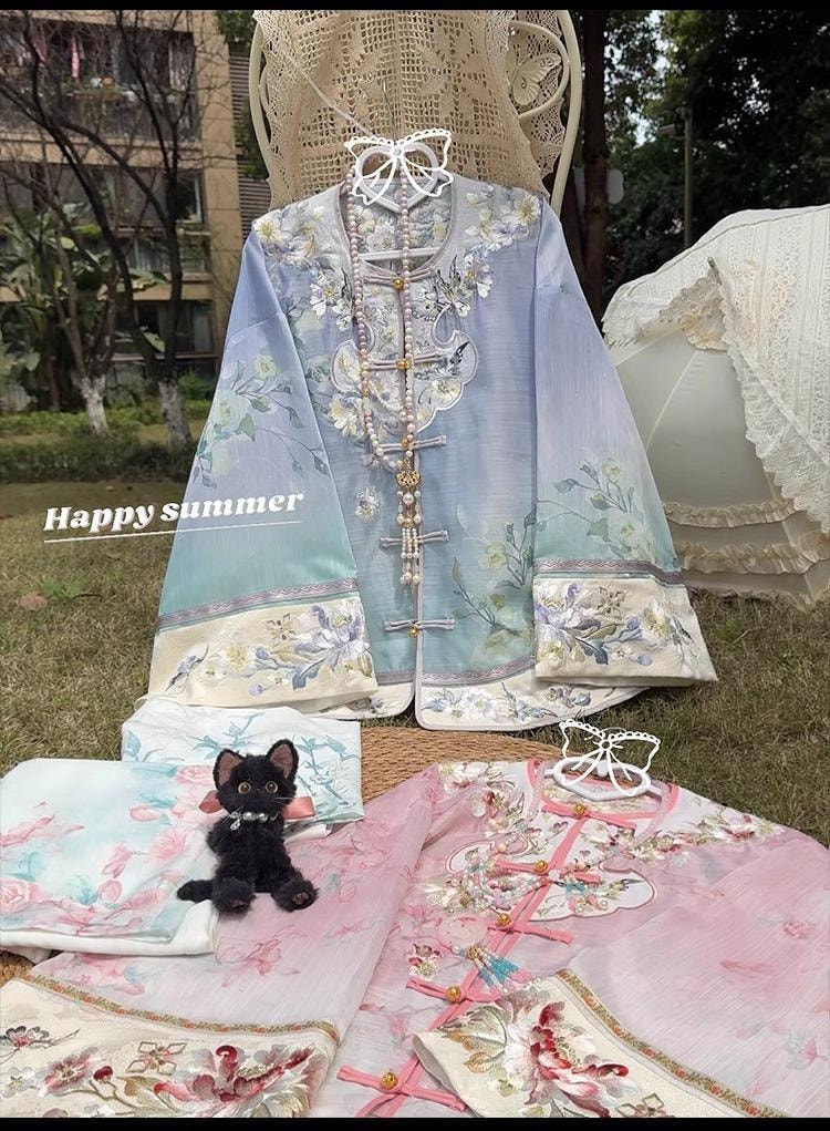 【中国直邮】 FOXTAIL 重工刺绣新中式国风汉服 清汉 女印花 渐变 套装 复古  -蓝色 M码 1套