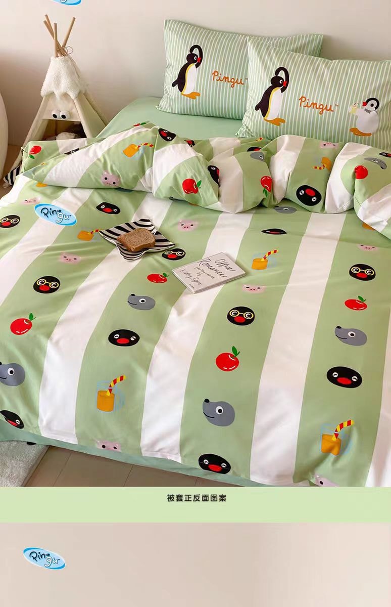 【中国直邮】富山商店 Fushan Store Pingu 清新夏日床单纯棉四件套-绿条款 M 1件|*预计到达时间3-4周