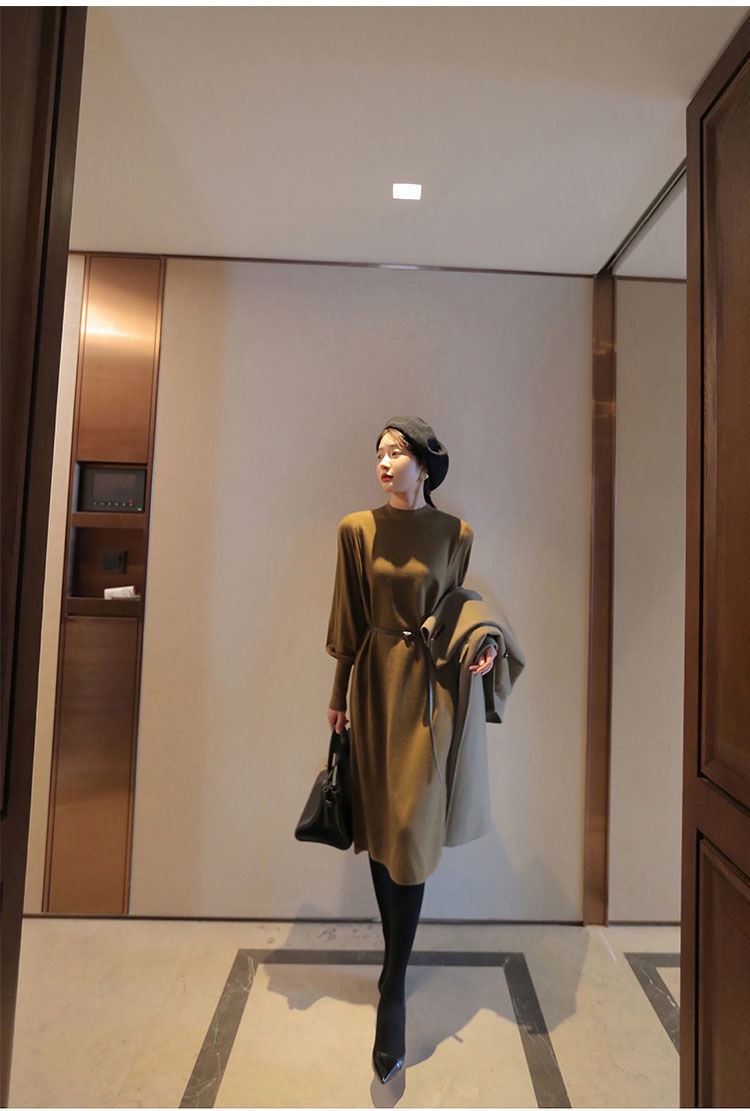 中國 莉歐蓓琪 半高領中長純色內搭毛衣針織洋裝 秋冬簡約顯瘦打底裙 橄欖綠均碼