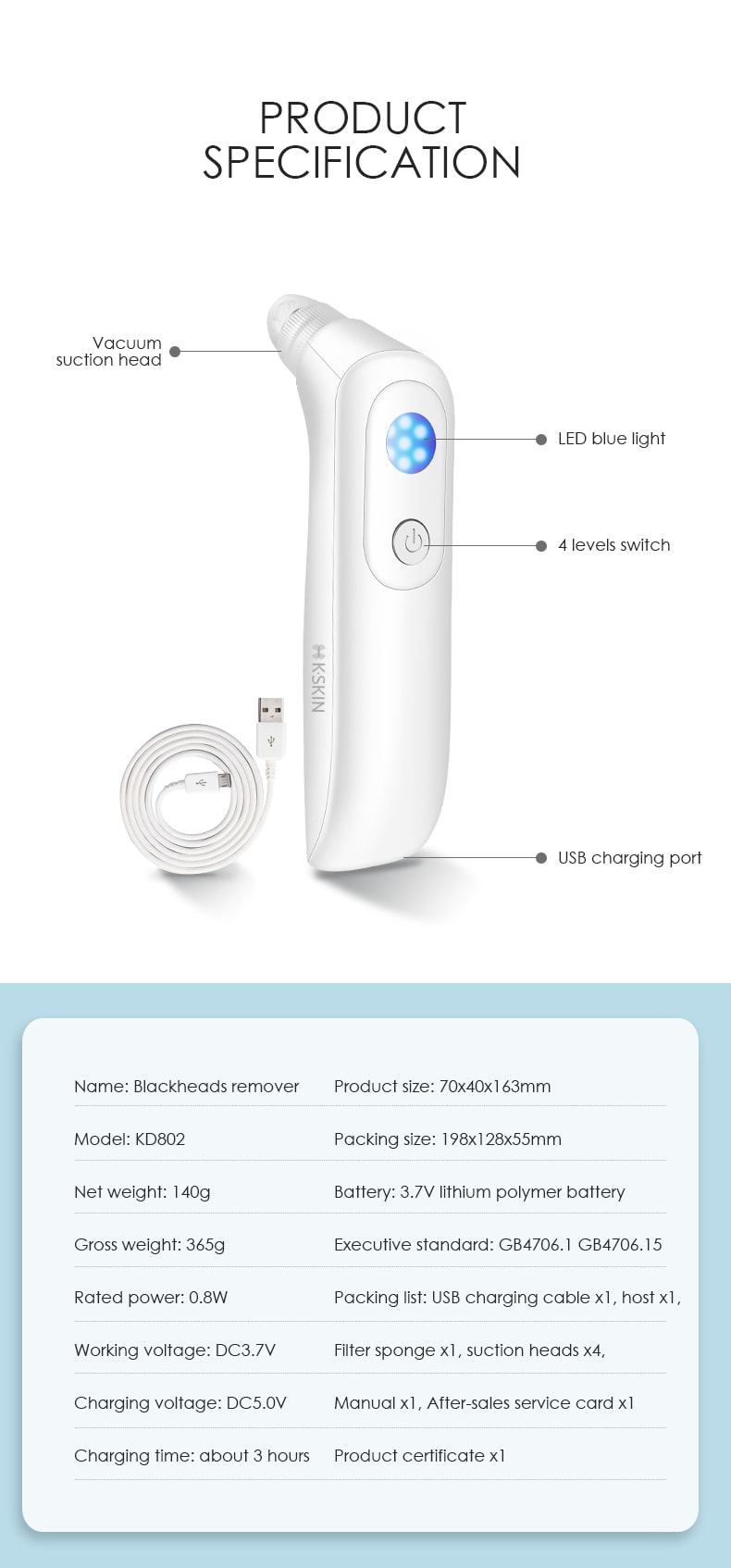 K·SKIN金米 電動吸黑頭儀 去粉刺小氣泡美容儀器 毛孔清潔導出儀KD802白色 1台