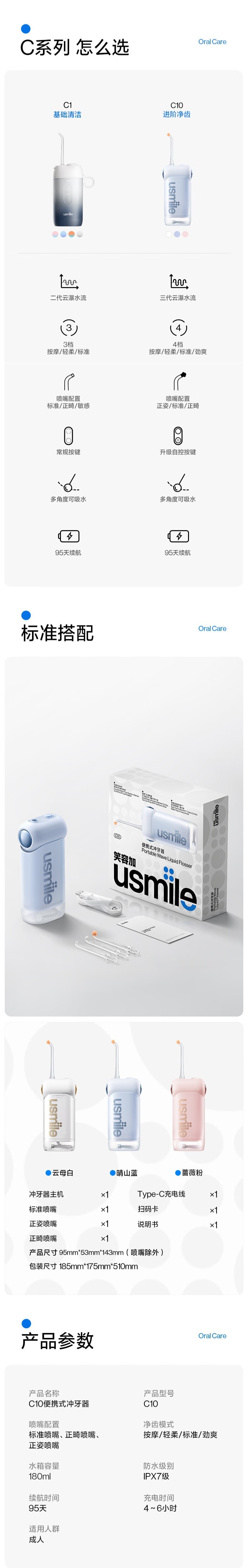 【中國直郵】USMILE笑容加 沖牙器洗牙器水牙線 3支噴嘴 4檔模式沖淨99%盲區殘渣 可伸縮便攜式沖牙器 晴山藍