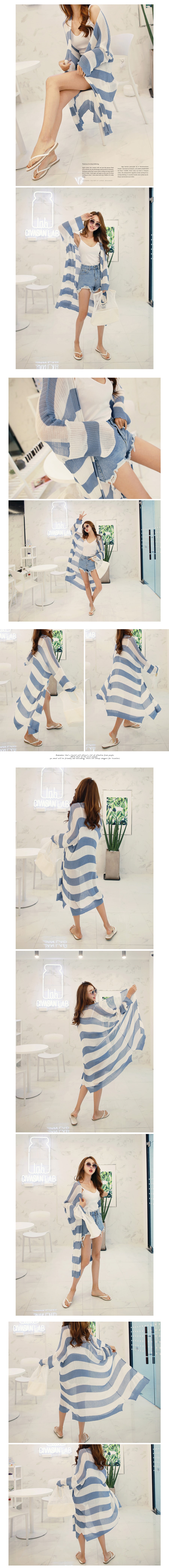 KOREA Open Front Striped Long Cardigan #Light Blue One Size(Free) [Free Shipping]