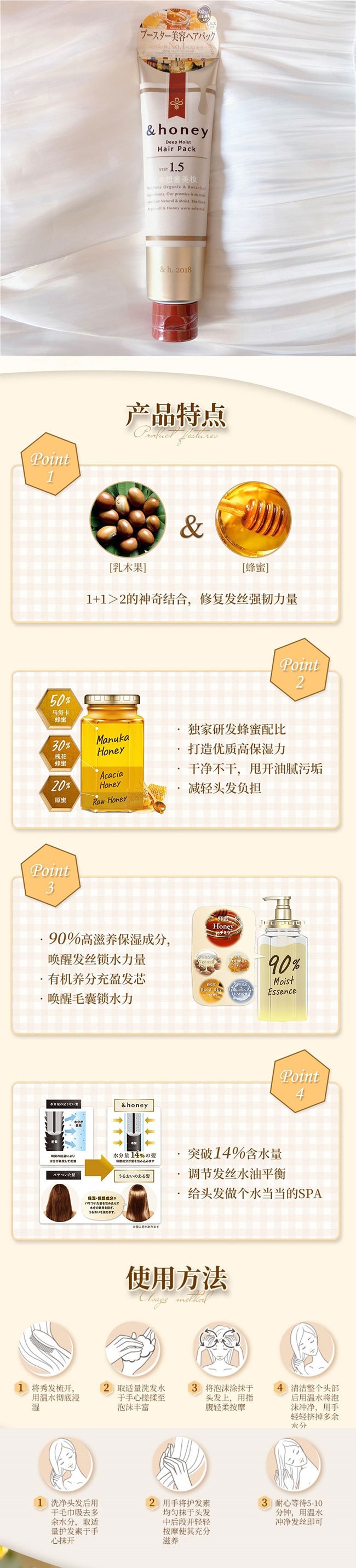 【日本直邮】VICREA &HONEY 蜂蜜深层滋润发丝发膜1.5 130g