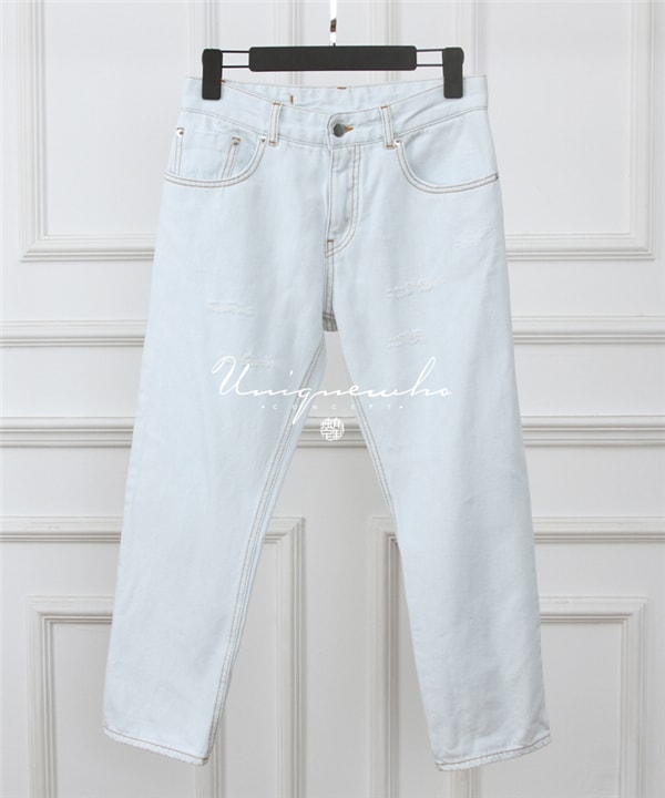Light Blue Washed Ripped Jeans Straight Denim Pants L