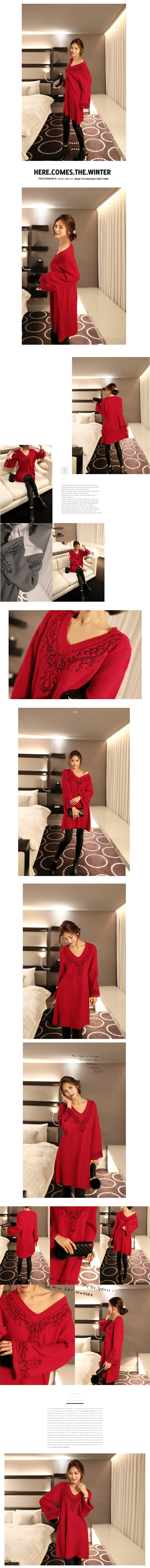 KOREA Embroidered Bell Sleeve Knit Dress Wine One Size(Free) [Free Shipping]