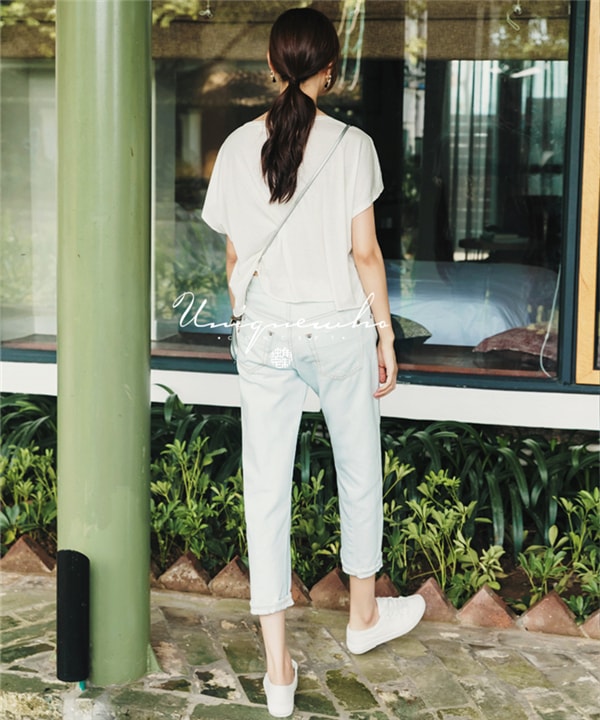 Light Blue Washed Ripped Jeans Straight Denim Pants M