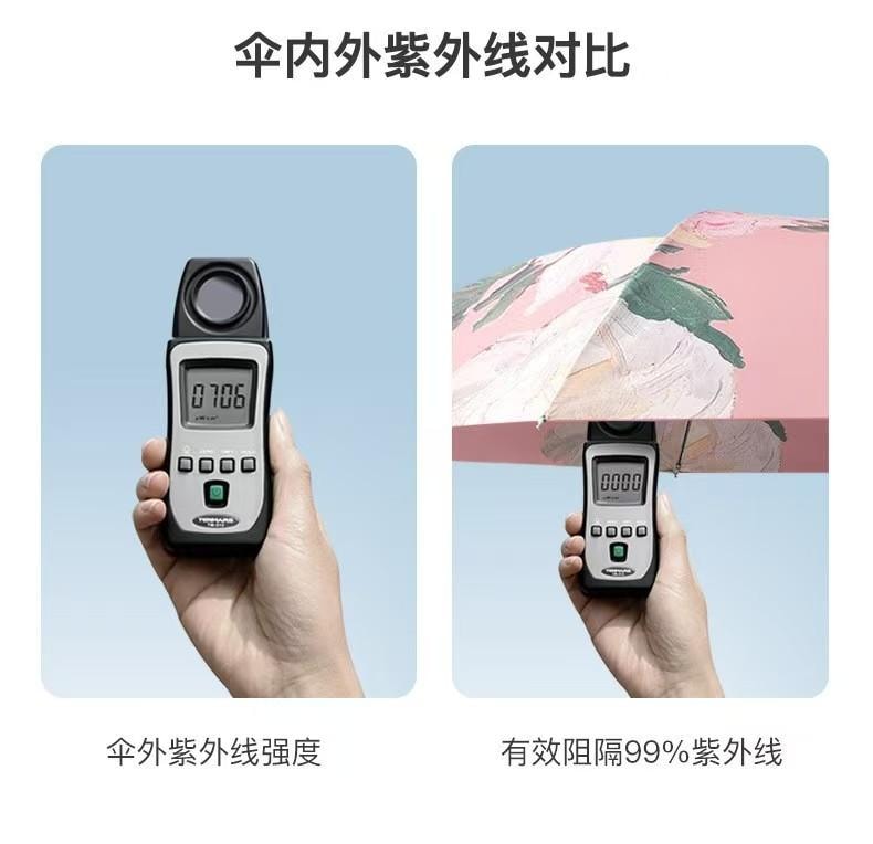 海蓝星 晴雨两用 SPF 50 三折双层太阳伞 五折轻巧 黑漆钢骨  优质印花 防晒防紫外线 白玫瑰 一件