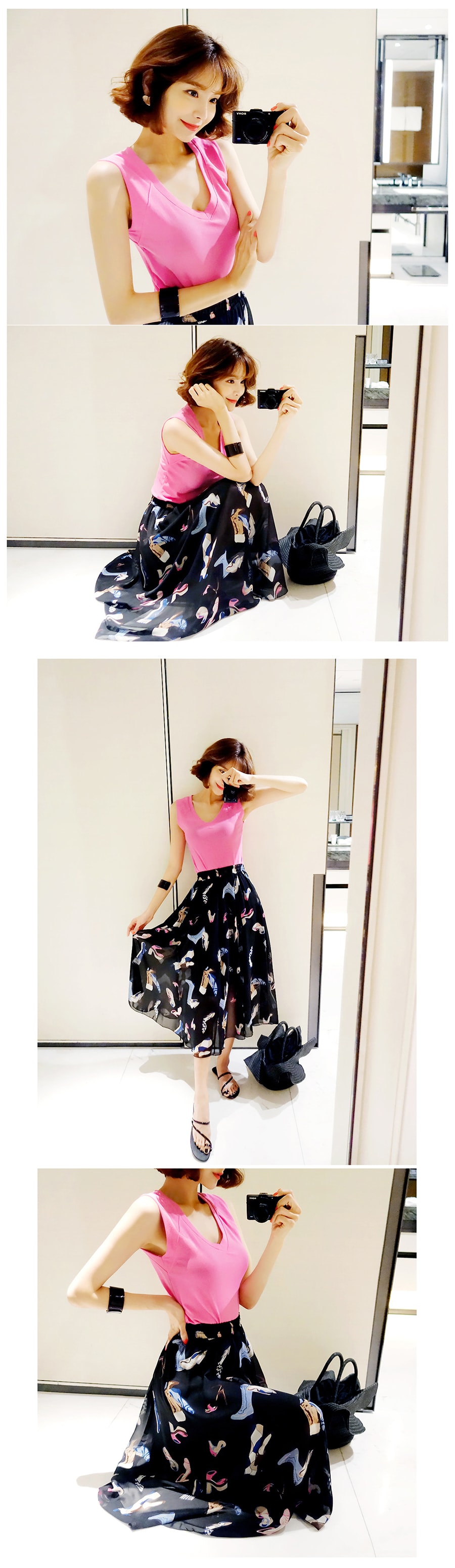KOREA V-neck Sleeveless Tee #Pink+Flared Chiffon Skirt #Black 2 Pieces Set One Size(S-M) [Free Shipping]