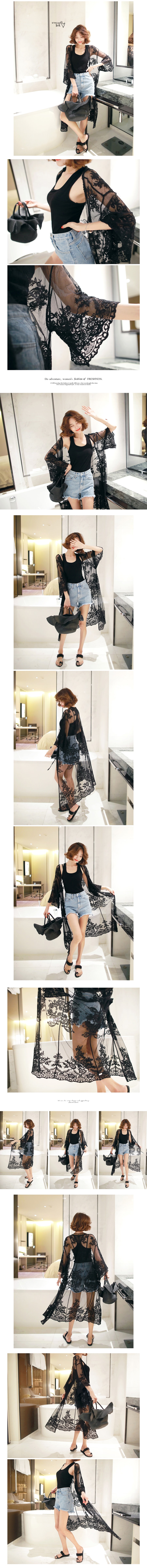 KOREA Embroidered Mesh Kimono Robe Cardigan #Black One Size(Free) [Free Shipping]
