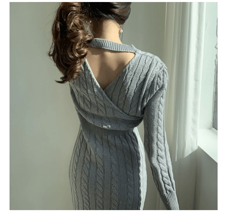 中國 奢笛熊 個性百搭圓領麻花紋前後兩穿設計小心機開叉毛衣連身裙 灰色均碼
