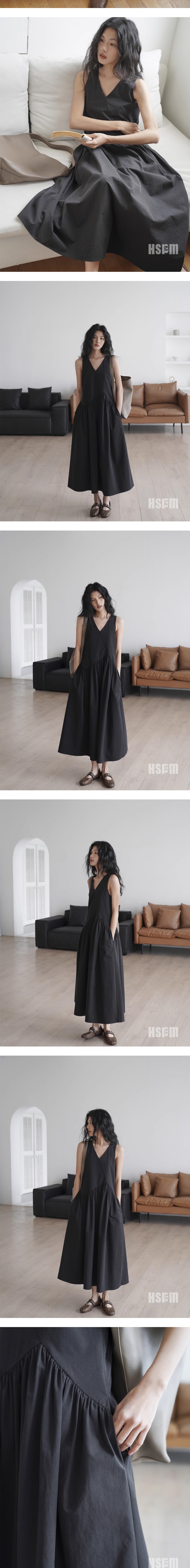 【中國直郵】HSPM新款V領無袖連身裙 黑色 S