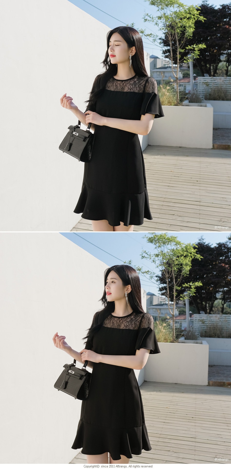 【韩国直邮】ATTRANGS 蕾丝露肩高腰微喇气质优雅连衣裙 黑色 M