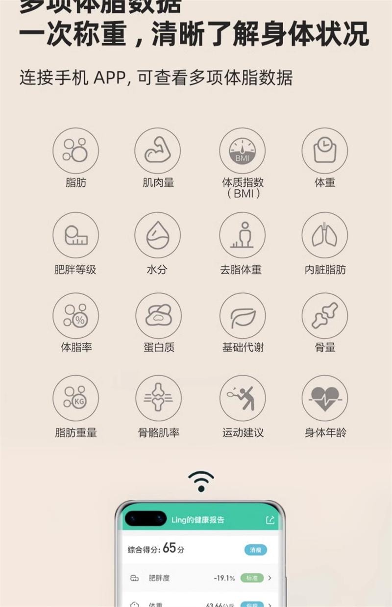 华为 体脂秤人体称重电子秤家用体脂称智能体重秤 白色充电款 1个装
