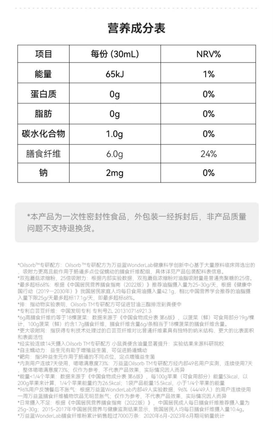 【中国直邮】 WONDERLAB 万益蓝白芸豆膳食纤维饮火锅大餐救星 30ml*5