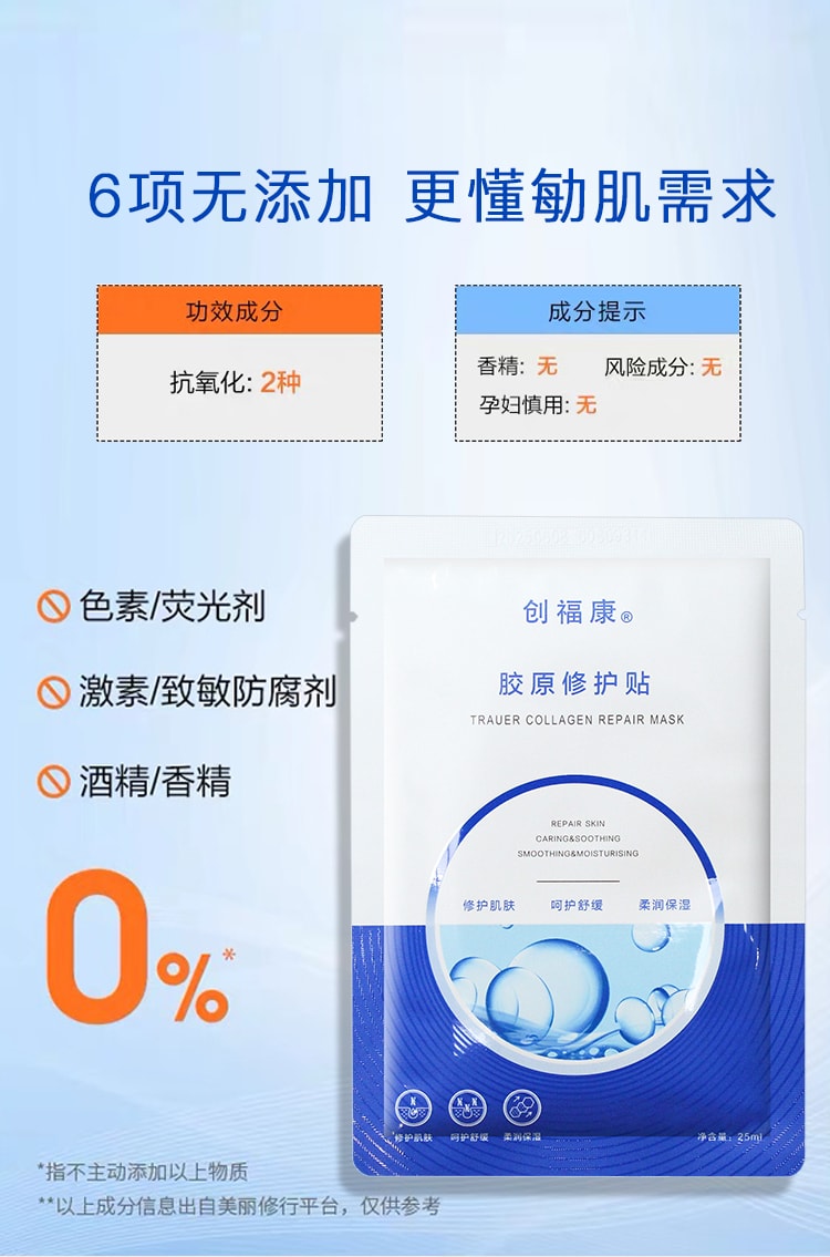 中國 TRAUER創福康膠原修護貼面膜 免沖洗 補水保濕舒緩修護祛痘敏感肌適用 5片/盒
