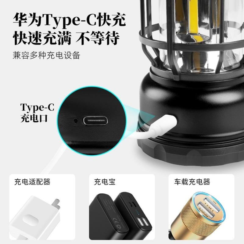 【中国直邮】 户外露营灯 手提多功能便携式LED营地灯 帐篷灯 Type-C充电 复古马灯 - 白色 1个