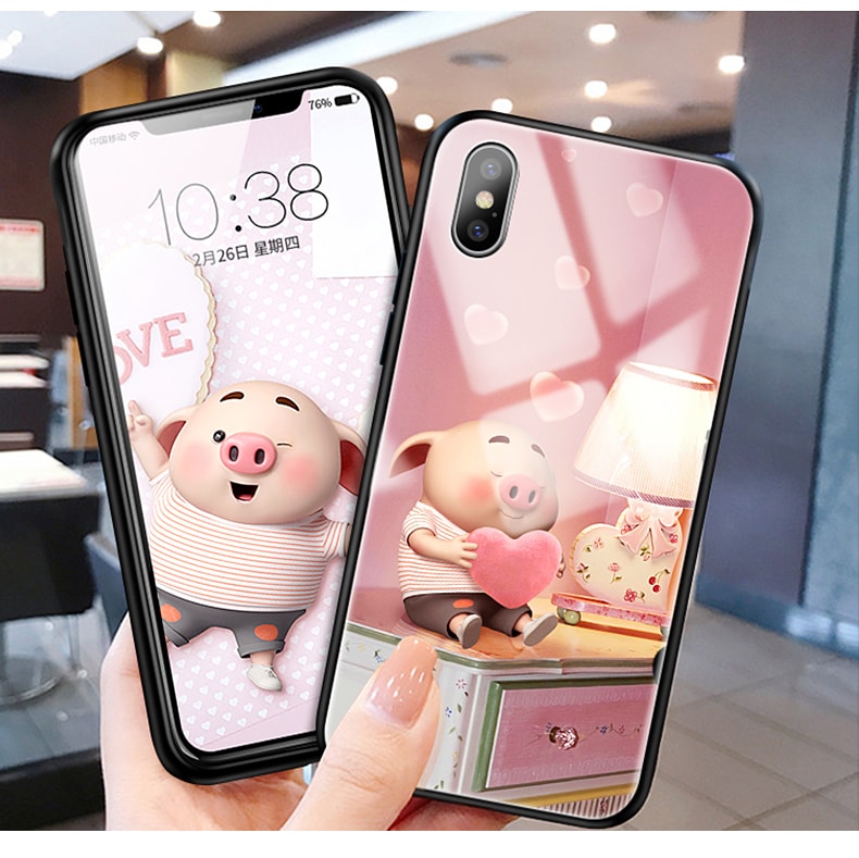 LEARN&amp;WORK Web Celebrity Pig Glass Cell Phone Case For iPhone XR