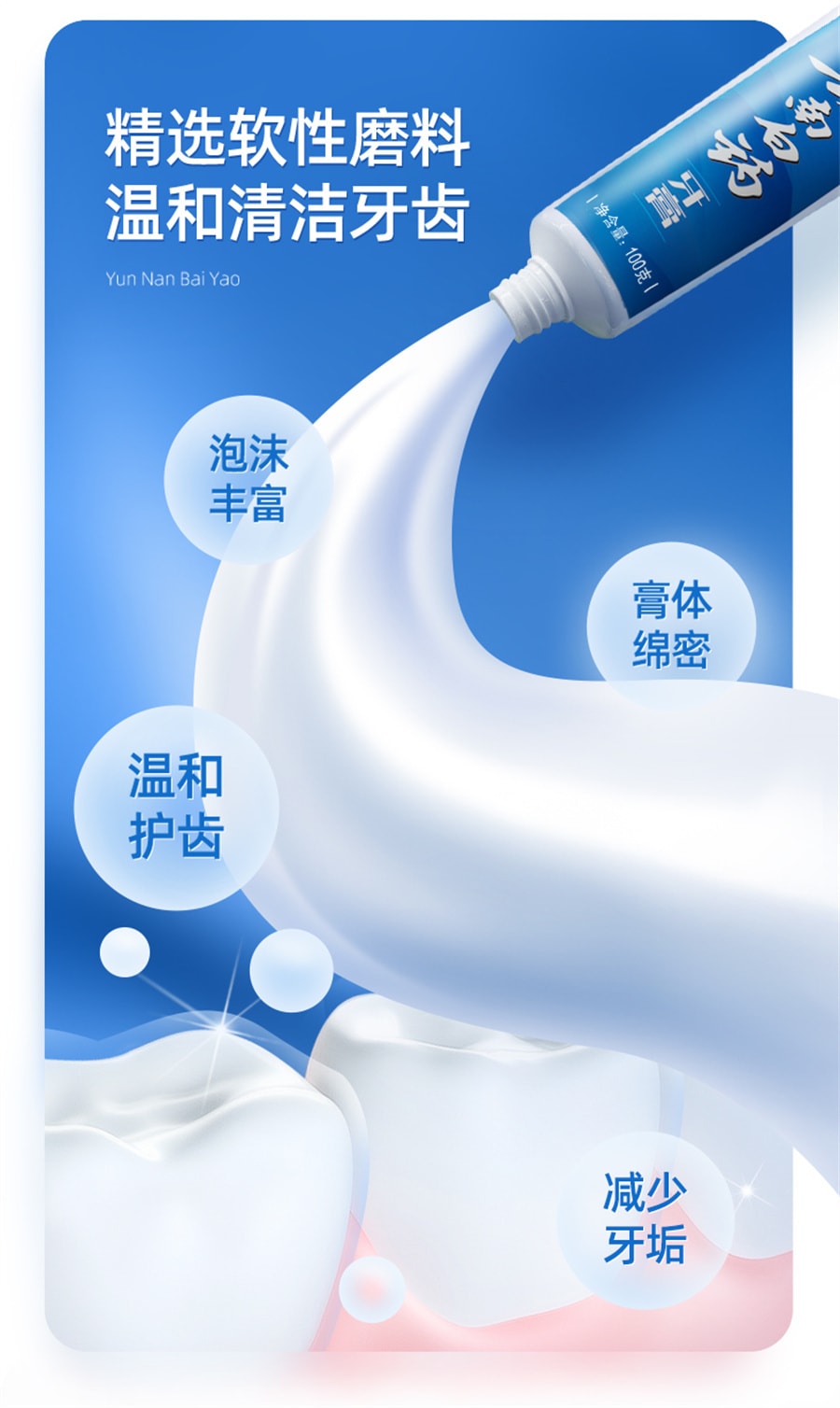 【中国直邮】云南白药   牙膏经典薄荷冬青留兰香口气清新美白去黄  薄荷150g/支