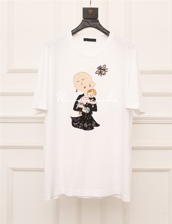 White Pure Cotton T-shirt for Girls Women Mother Holds Baby Pattern Long Tops S