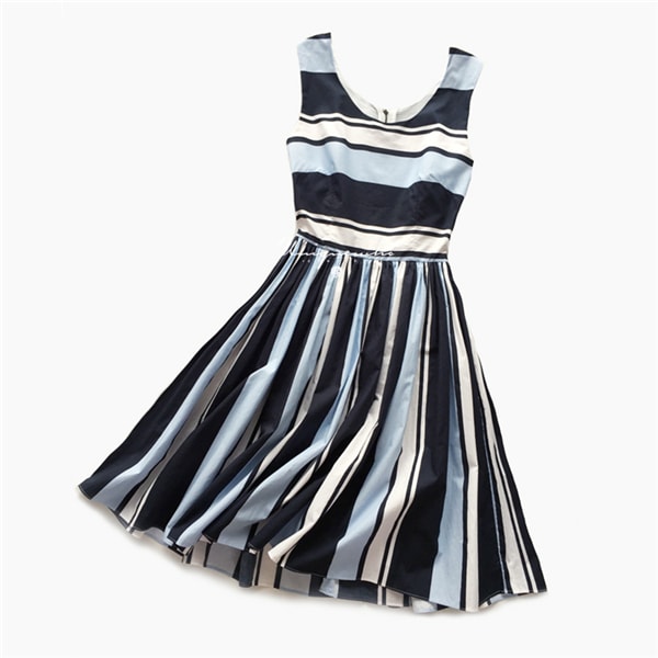 Pure Cotton Blue &amp; Black Stripe Round Neck Sleeveless Knee Length Dress for Women M