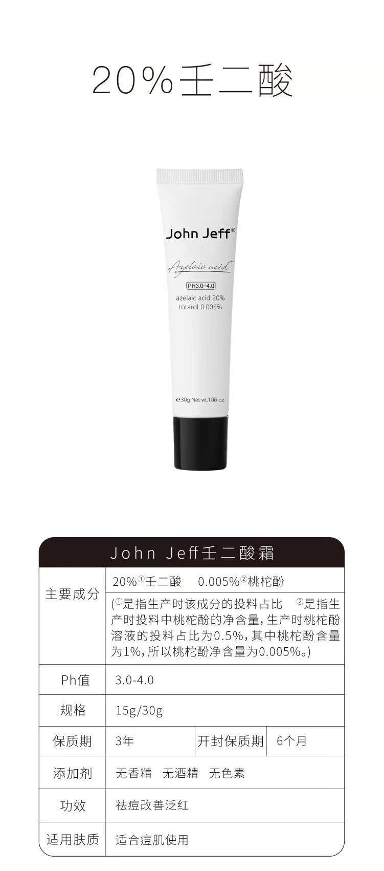 【中國直郵】 John Jeff 20%壬二酸霜15g 快速祛痘 卓效控油