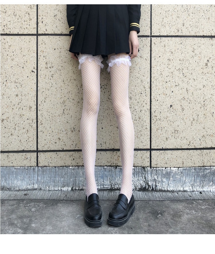 【中國直郵】爪哇島 網紗蕾絲蕾絲過膝漁網襪 JK大腿襪-白色 1件
