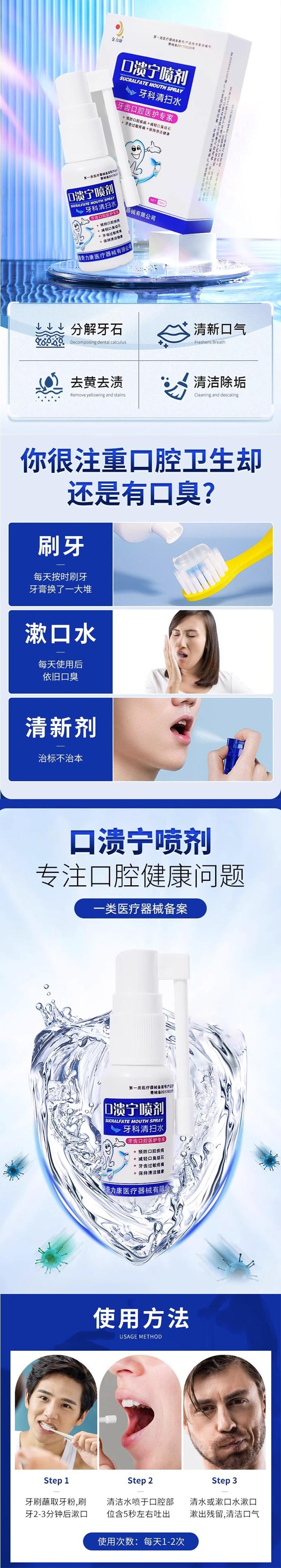 蕴康坊精选 【双12大促】 金力康 口溃宁喷剂1瓶/盒 口溃宁喷剂 10 秒止痛3天愈合 FDA 合规 无酒精 天然草本 清爽无残留