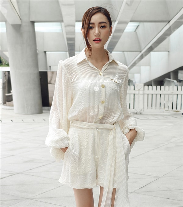 Women's White Lantern Sleeve Silk Rompers Jumpsuits Shorts with Belt M