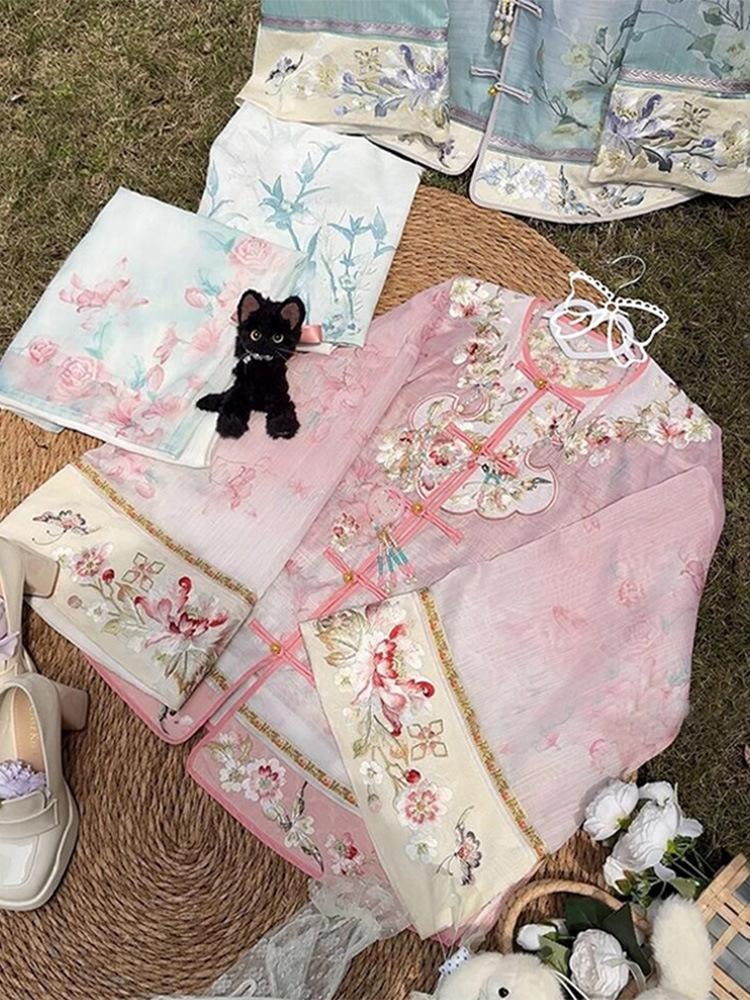 【中国直邮】 FOXTAIL 重工刺绣新中式国风汉服 清汉 女印花 渐变 套装 复古  -蓝色 M码 1套