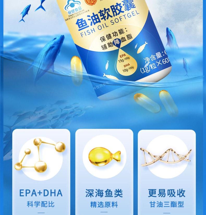【中国直邮】同仁堂 鱼油软胶囊保健品 60粒