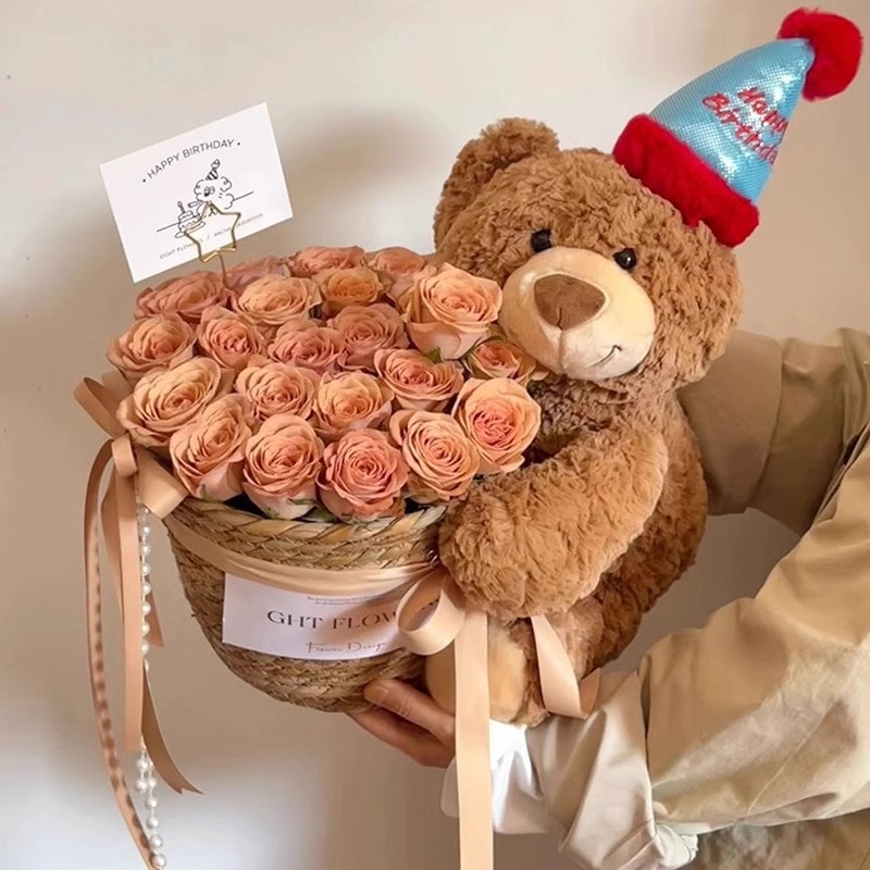 【中国直邮】 FOXTAIL 小熊玩偶抱抱桶花束 永生花 生日礼物 派对聚会 女友闺蜜七夕情人节礼物-冰蓝色1个*|预计到达时间3-4周