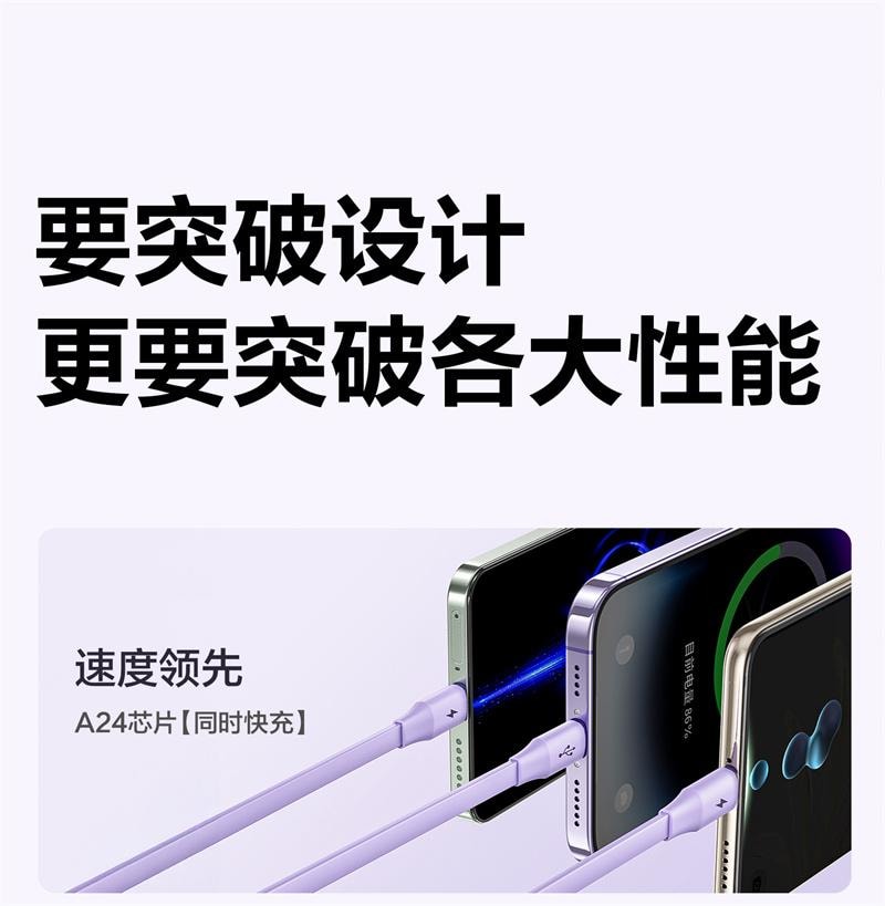 【中國直郵】 品勝 充電線三合一數據線快充一拖三車載100W超級快充 奶油白 1個