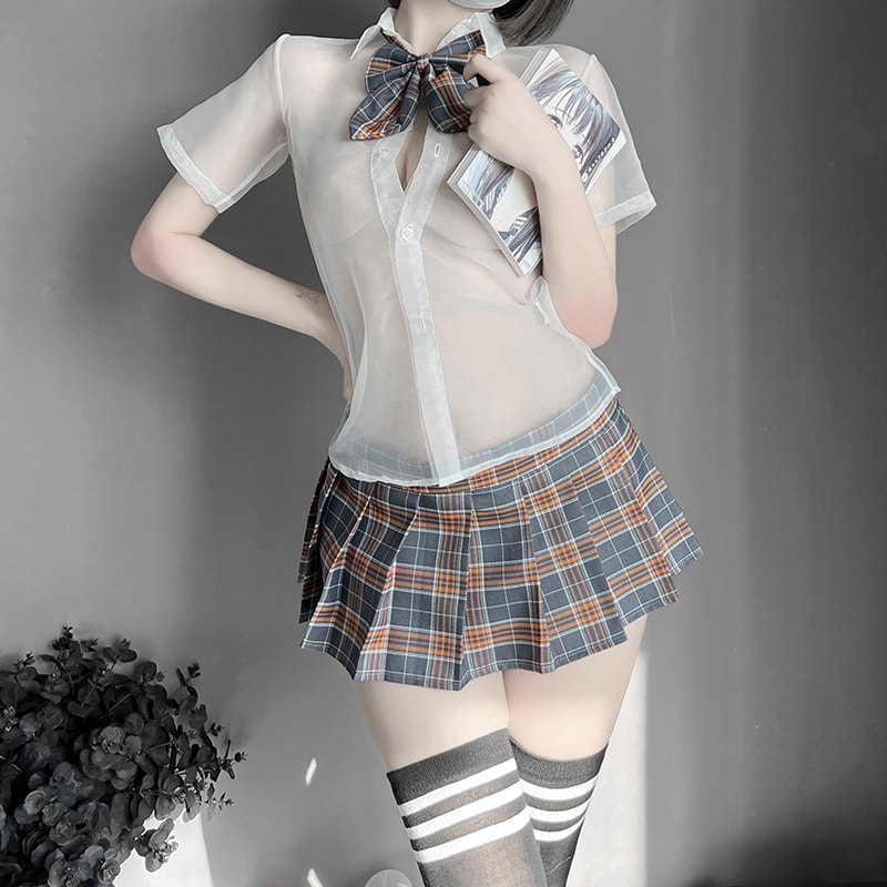 【PinklemonLA】 女高學妹情感純欲超短百褶裙透視水手服學生服 情趣內衣 - 黑格子