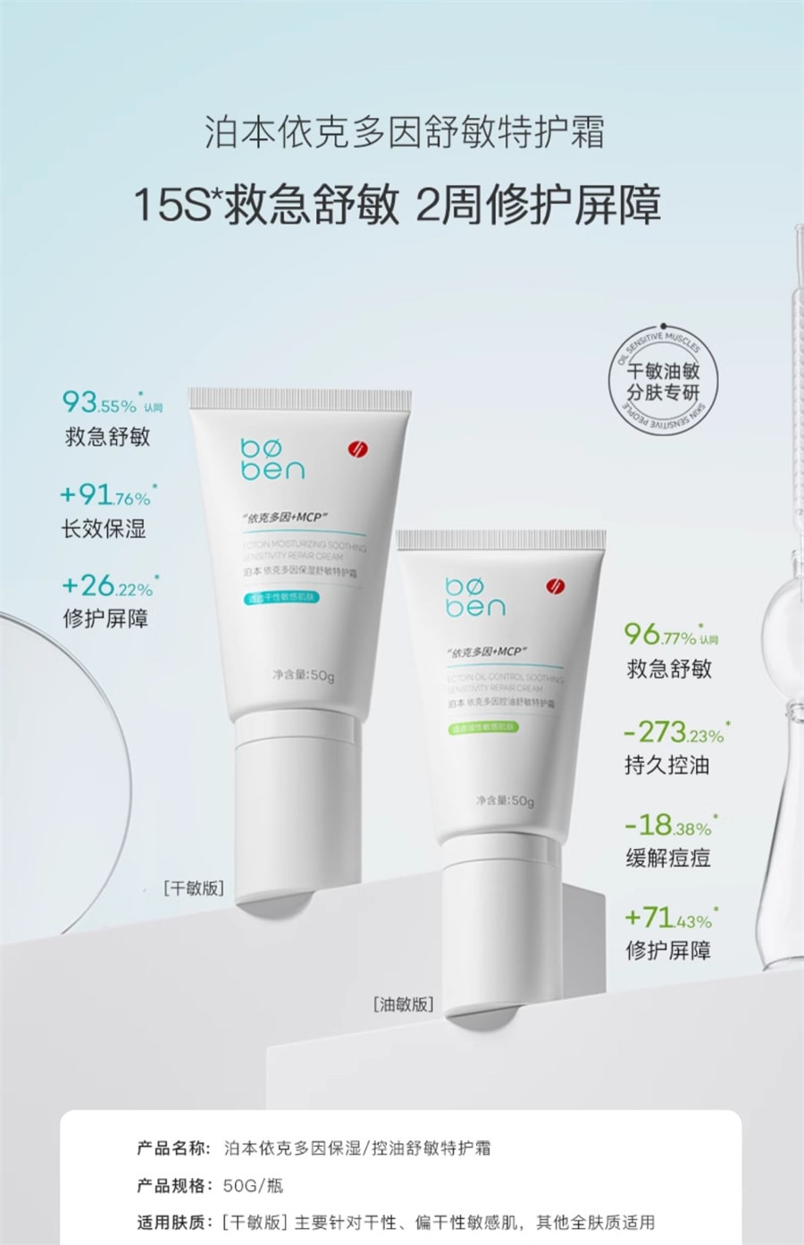 【中国直邮】 泊本 依克多因舒敏特护霜 舒缓敏感祛红祛痘保湿修护屏障面霜 50g/支(适用干敏性肤质)