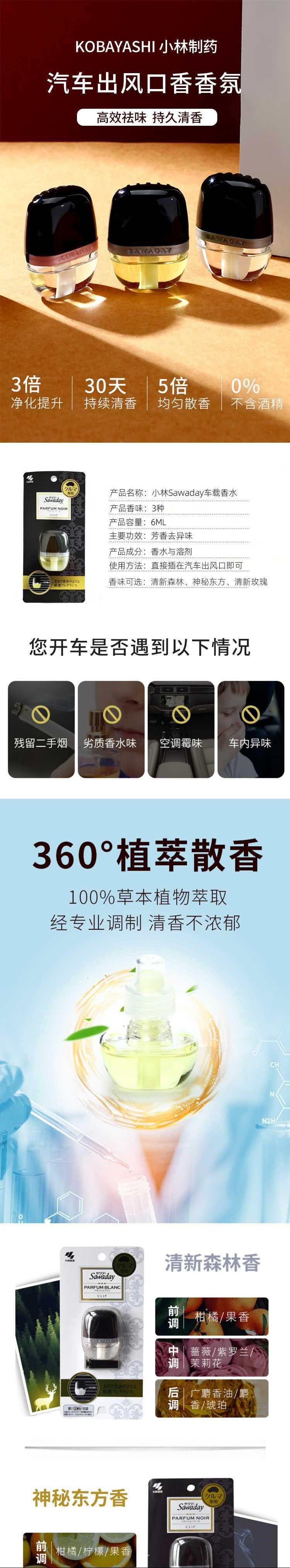 【日本直郵】KOBAYASHI小林製藥 汽車出風口香水空調香氛香薰除異味6ml 【清新森林香】