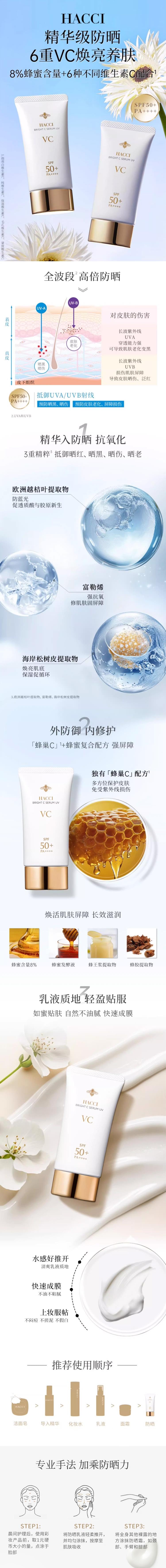 【日本直邮】HACCI 花绮 蜂蜜美白防晒VC精华水润防晒乳 SPF50+/PA++++ 50g
