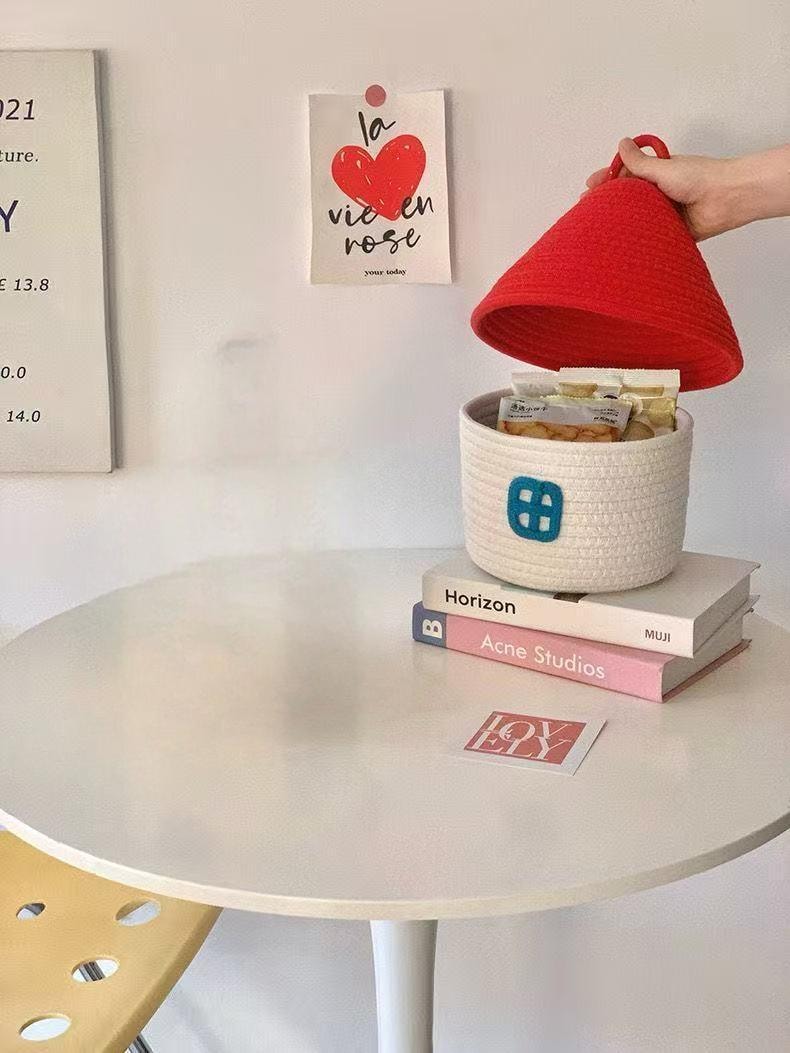 迈迪甄选 小房子棉线编织篮大容量带盖储物桶可爱收纳筐装饰