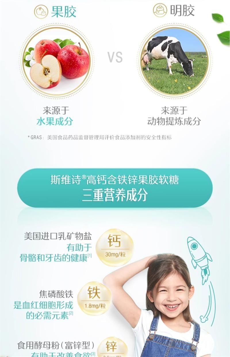 【中国直邮】澳洲 Swisse 高钙含铁锌果胶软糖 儿童青少年高钙含铁锌软糖果 易咀嚼补钙长高 35粒/瓶
