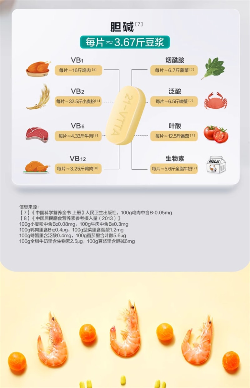 【中國直郵】21金維他 B群維生素片30片膽鹼複合vb2b6適合上班族學習人群