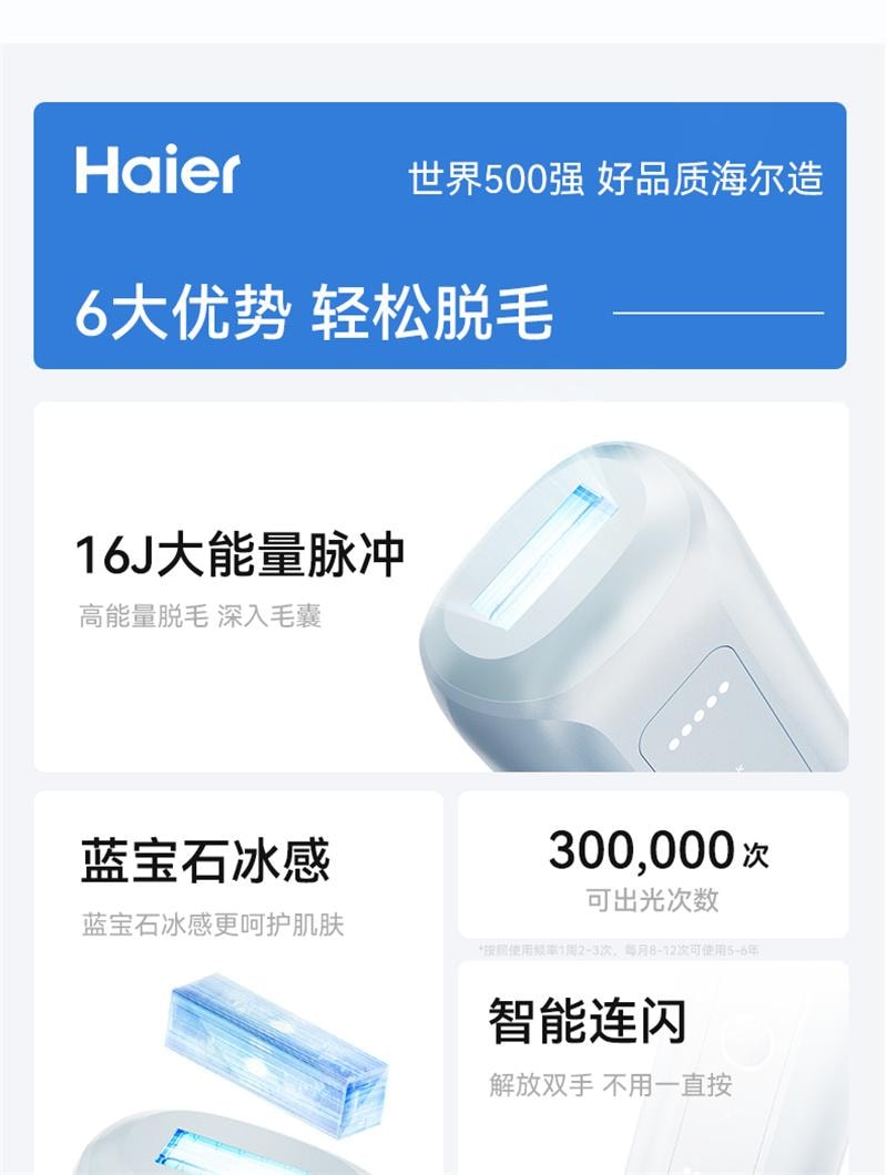 【中国直邮】海尔蓝宝石冰点脱毛仪YT301家用唇毛腋下 冰川蓝