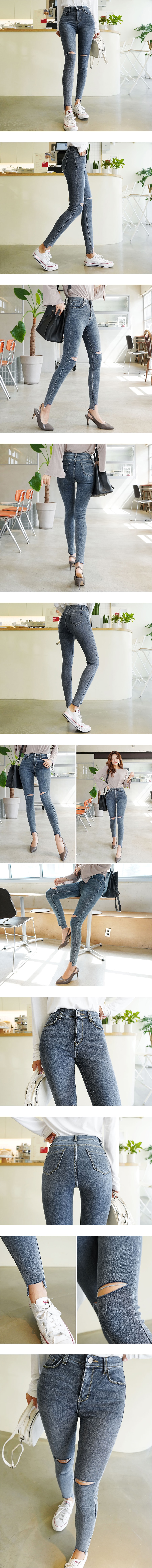High Rise Ripped Ankle Skinny Jeans #Blue S(25-26)