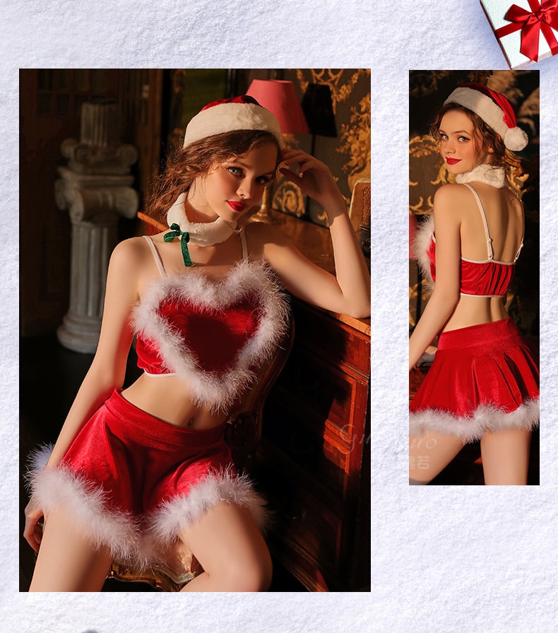【中国直邮】瑰若 丝绒 爱心吊带 圣诞睡裙 性感制服套装 情趣内衣 红色 M码