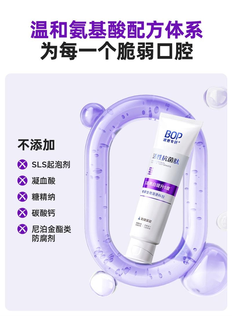 【中國直郵】 BOP Oral Care 抗菌勝肽美白牙膏 清新口氣亮白牙齒黃清潔去漬色修含氟成人 120g