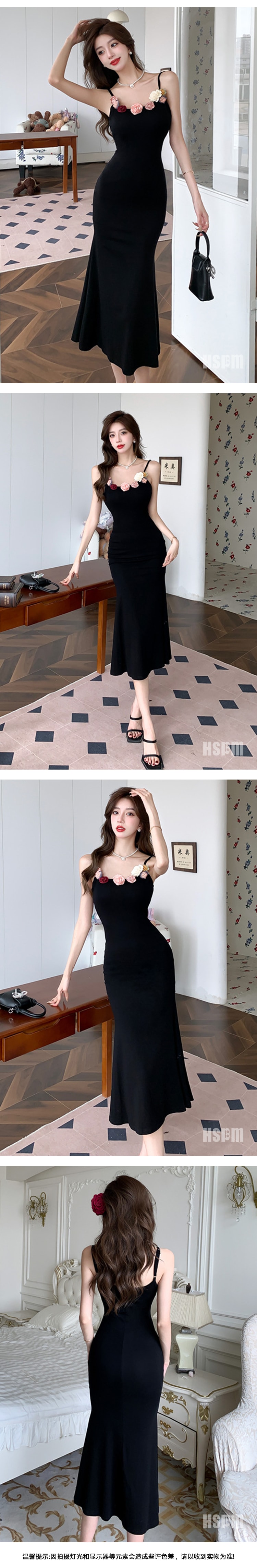 【中國直郵】HSPM 新款復古花朵顯瘦吊帶洋裝 長洋裝 S