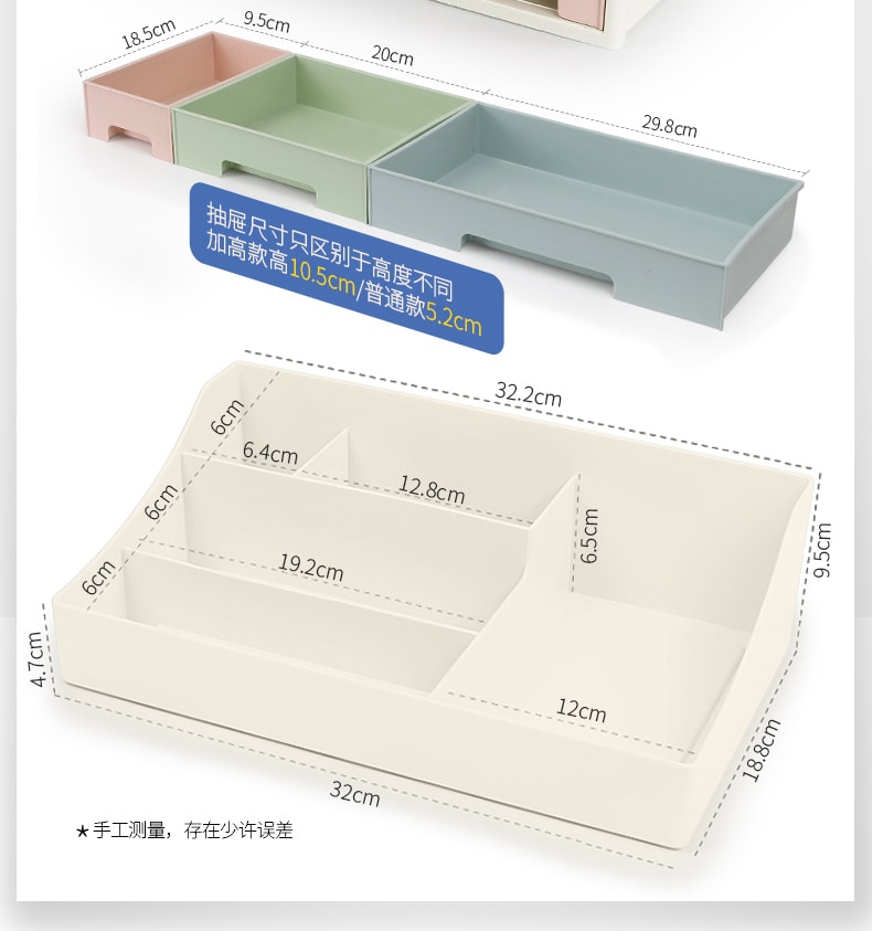 药品 化妆品 文具收纳盒 ROSELIFE 可拆卸 自由组合  4层收纳盒 [TCEF] 两高一低5抽屉  5插槽桌面整理盒 蓝粉绿