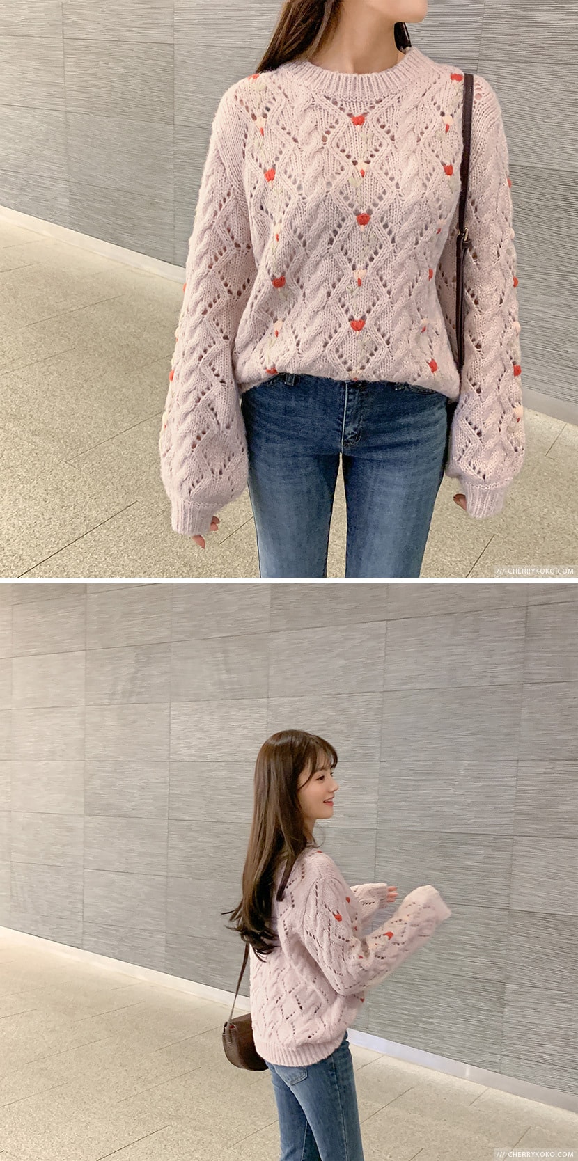 【韩国直邮】CHERRYKOKO 韩国甜美方格红心点缀针织衫 粉色 FREE
