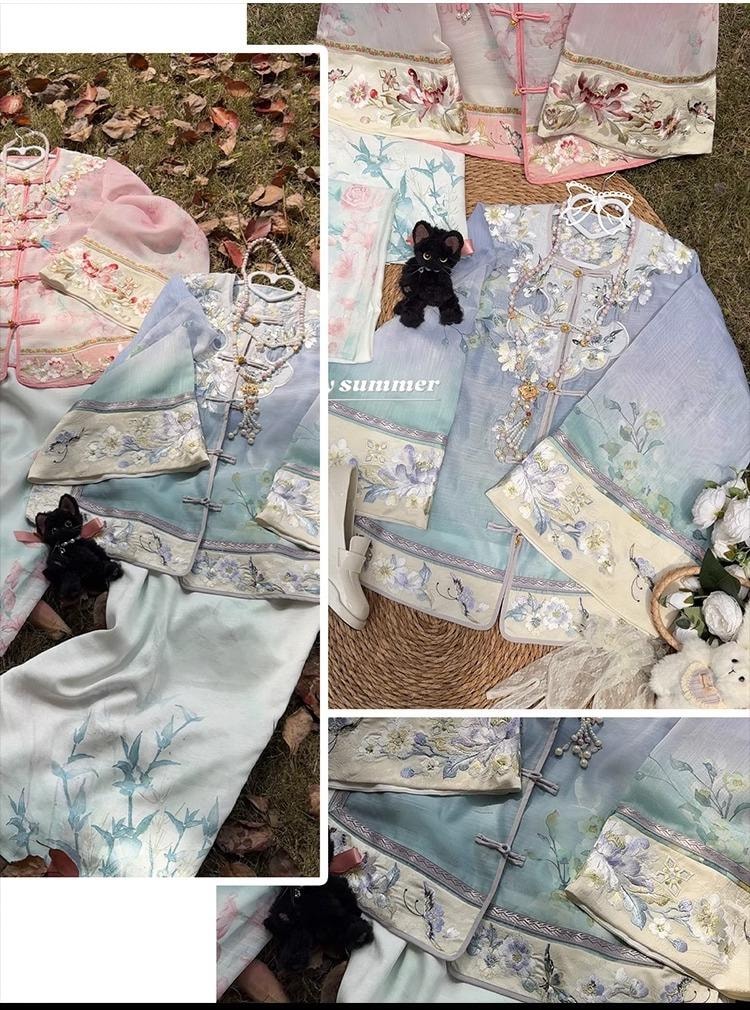 【中国直邮】 FOXTAIL 重工刺绣新中式国风汉服 清汉 女印花 渐变 套装 复古  -蓝色 M码 1套