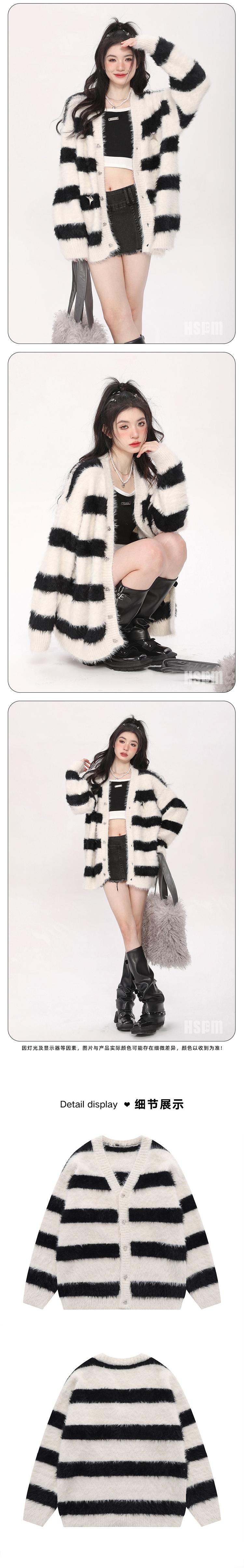 【中國直郵】 HSPM 新款仿水貂毛寬鬆撞擊色條紋外套 黑白條紋 M